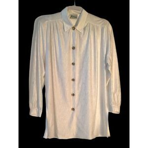 Vintage Joanna Cream Blouse Shiny Satiny Polyester USA Made Tunic Length Size M